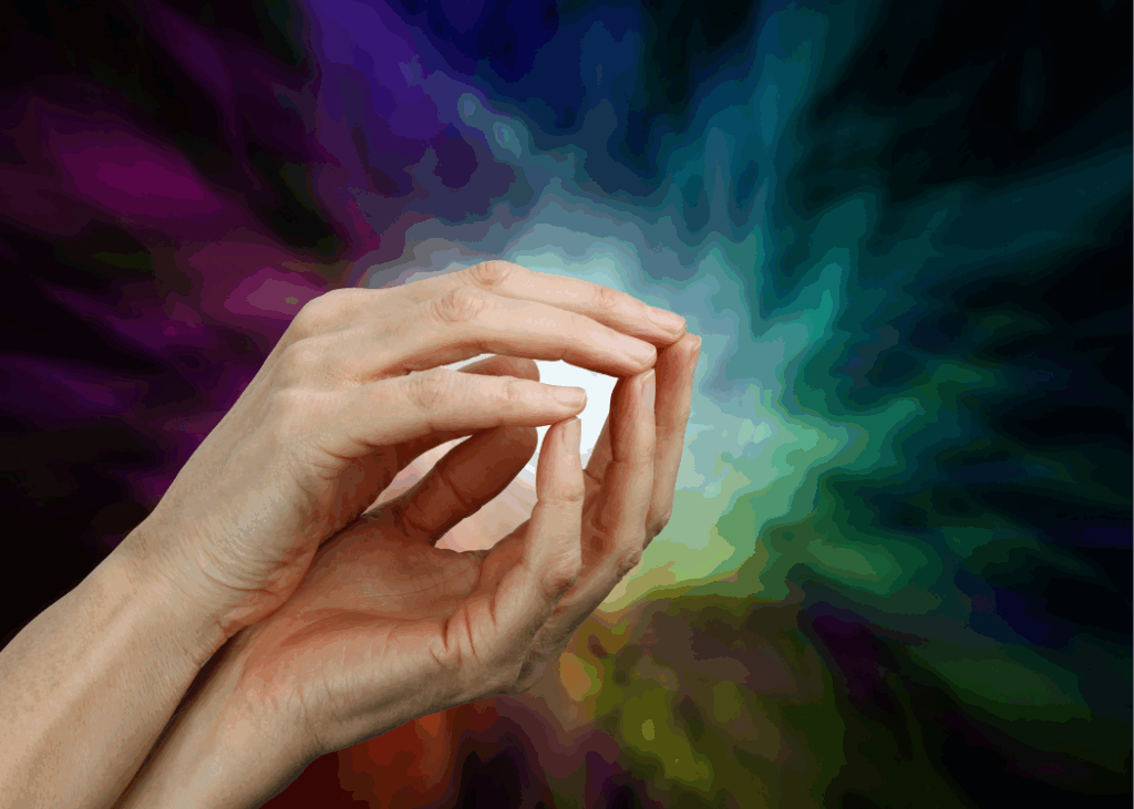 Close up image of hand with divine posture and a colorful background